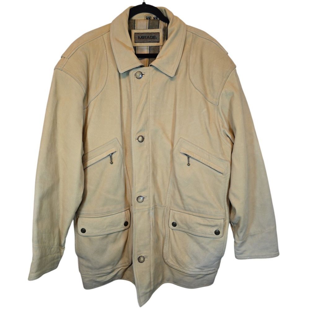 VTG Mirage Brushed Leather Western Jacket Men XL Beige Barnâ Coat Nubuck Heavy